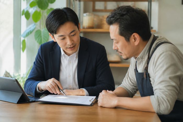 顧問與企業主討論人事制度情境示意圖